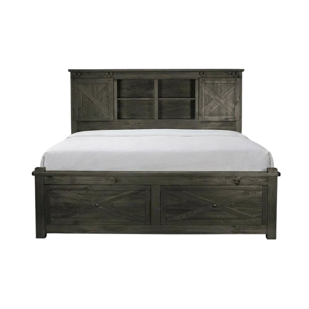 Charcoal Rustic Storage Bed with Integrated Bench and Solid Pine Construction