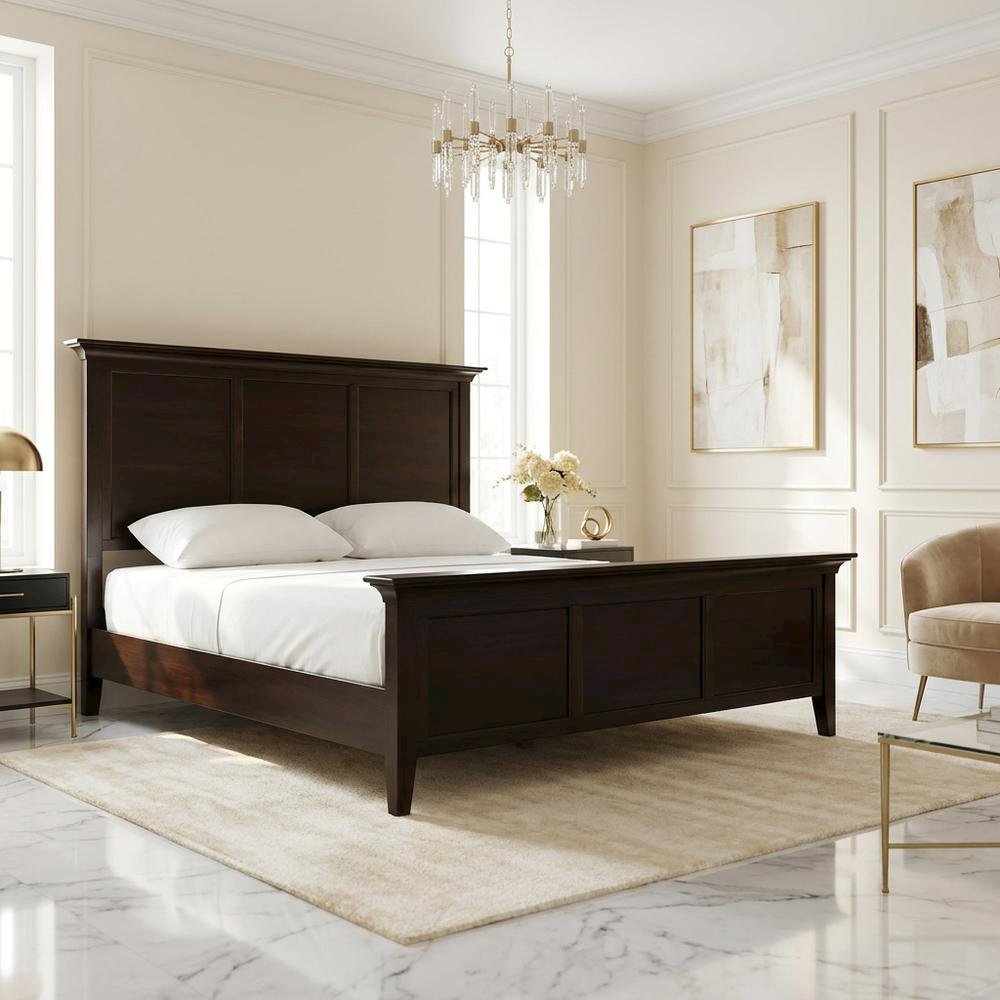 Cherry Brown Finish Platform Bed with Solid Mahogany in Transitional Style
