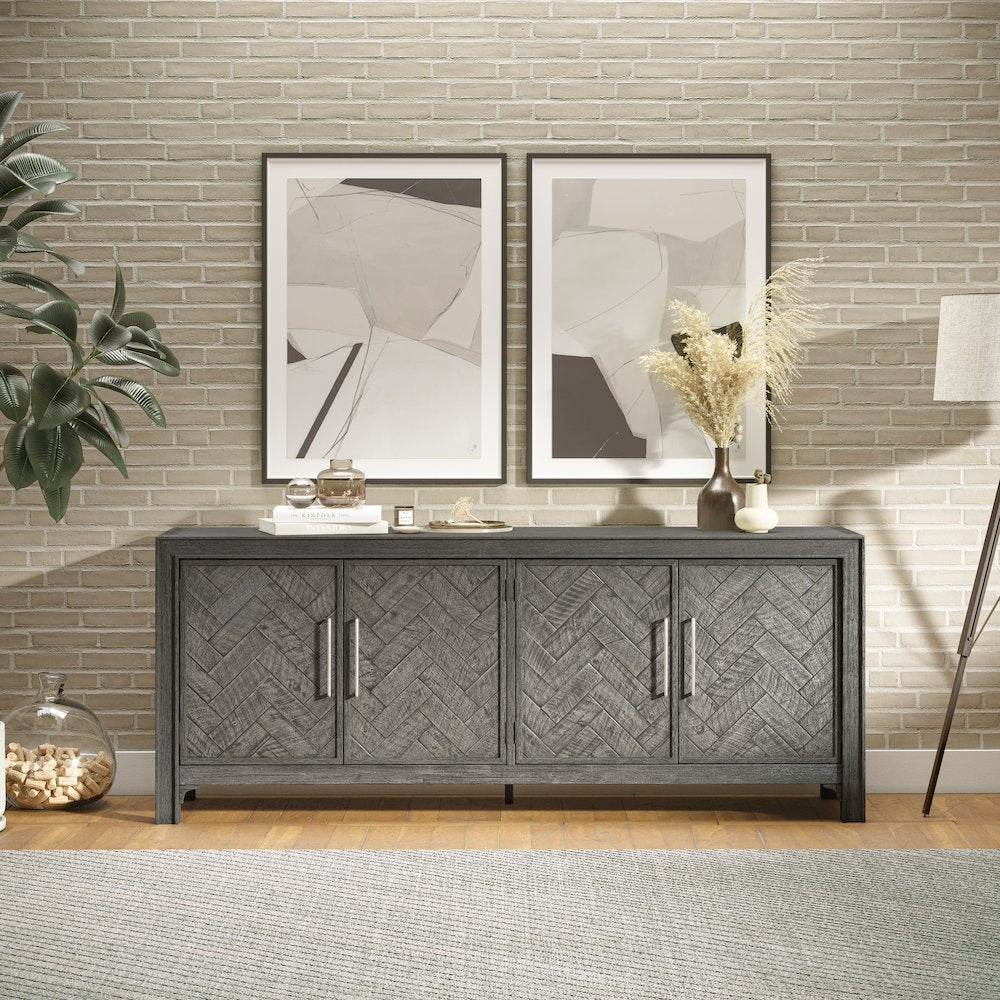 Gramercy Mid-Century Modern Chevron Four Door 79" Accent Cabinet