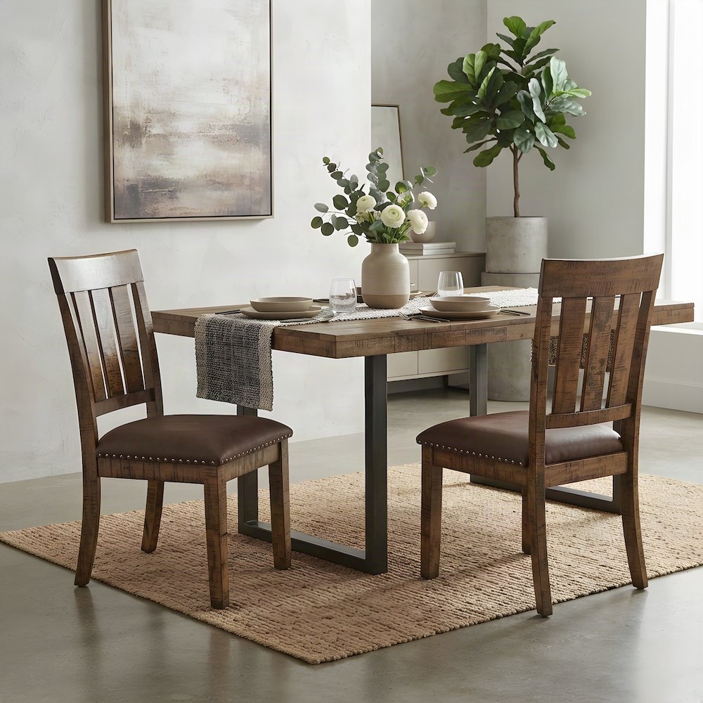 Acacia Veneer Upholstered Dining Chairs, Set of 2, Medium Distressed Brown