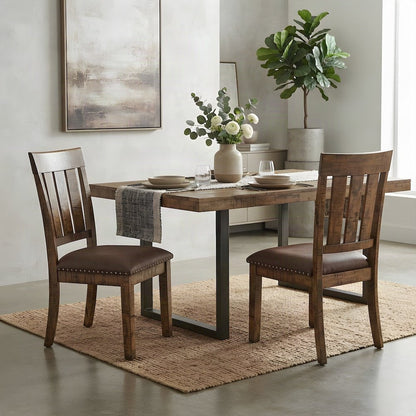 Acacia Veneer Upholstered Dining Chairs, Set of 2, Medium Distressed Brown