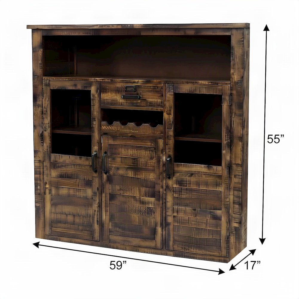 Acacia Veneer Wine Cabinet with Bar and Wine Rack, Distressed Medium Brown