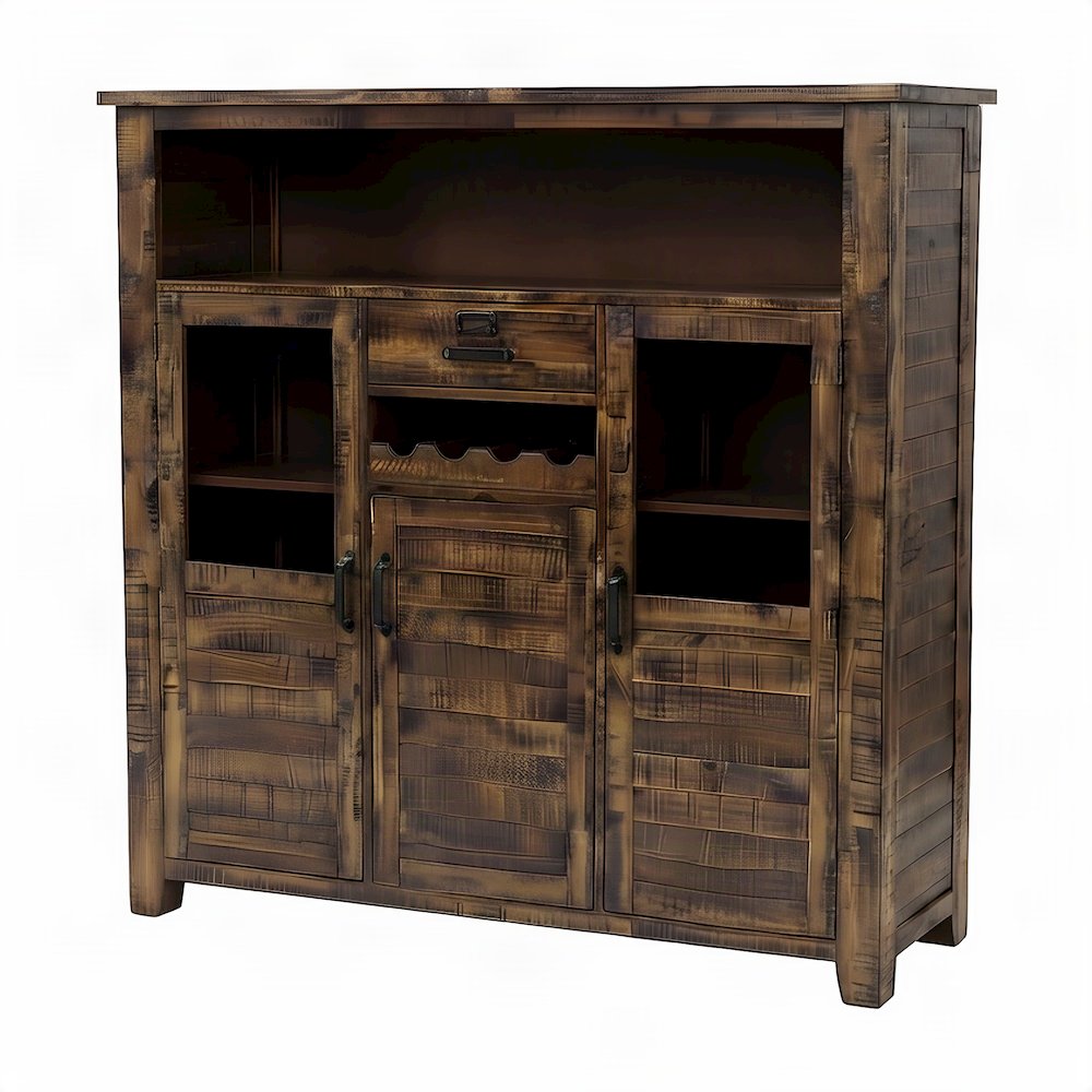 Acacia Veneer Wine Cabinet with Bar and Wine Rack, Distressed Medium Brown