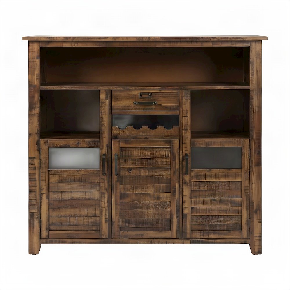 Acacia Veneer Wine Cabinet with Bar and Wine Rack, Distressed Medium Brown