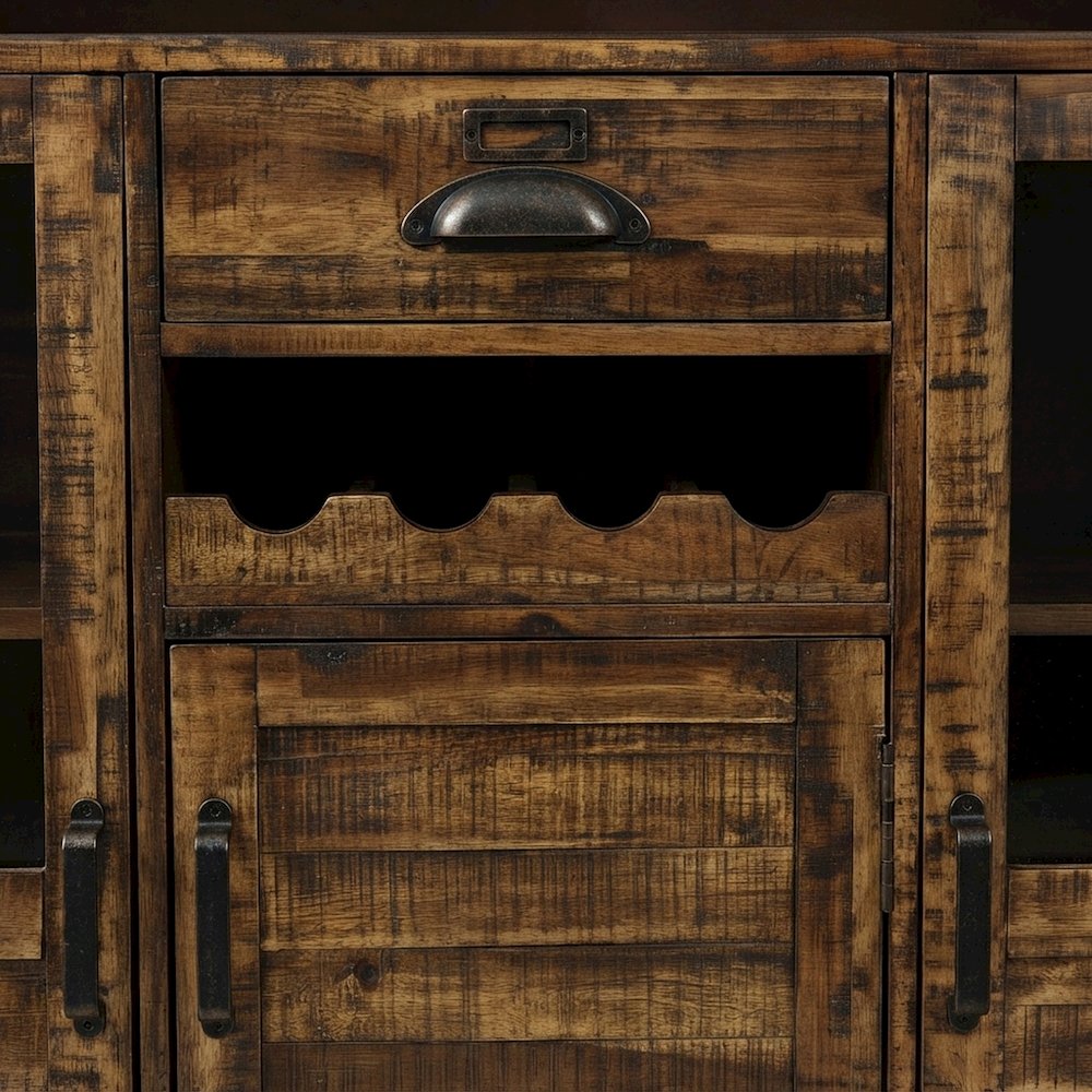 Acacia Veneer Wine Cabinet with Bar and Wine Rack, Distressed Medium Brown