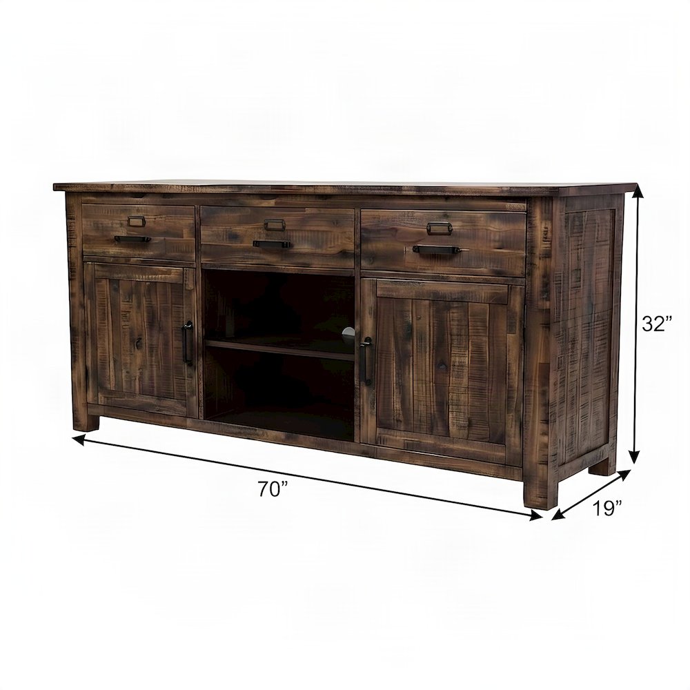 Acacia Veneer TV Stand with Doors and Drawers, Distressed Medium Brown