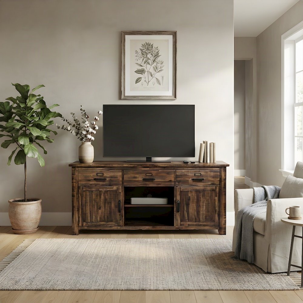 Acacia Veneer TV Stand with Doors and Drawers, Distressed Medium Brown