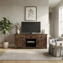 Acacia Veneer TV Stand with Doors and Drawers, Distressed Medium Brown