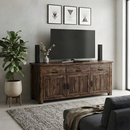 Acacia Veneer TV Stand with Doors and Drawers, Distressed Medium Brown