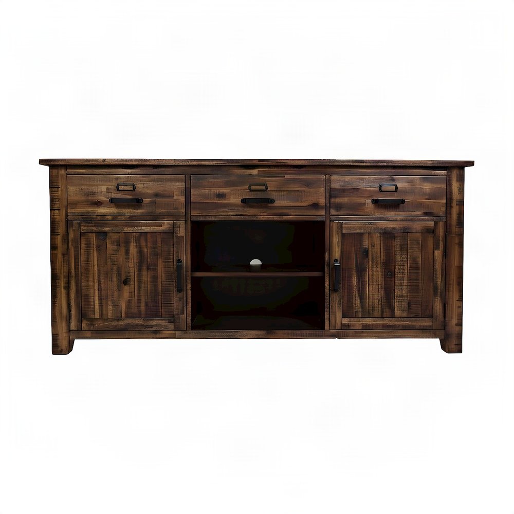 Acacia Veneer TV Stand with Doors and Drawers, Distressed Medium Brown