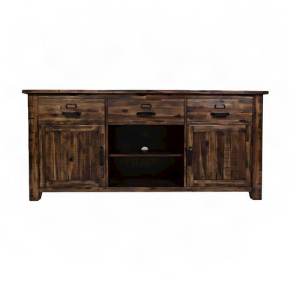 Acacia Veneer TV Stand with Doors and Drawers, Distressed Medium Brown