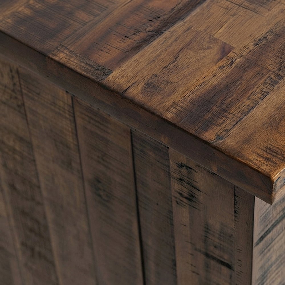 Acacia Veneer TV Stand with Doors and Drawers, Distressed Medium Brown
