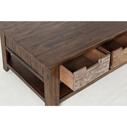 Rustic Solid Acacia 50" Coffee Table with Pull Through Drawers and Caster Wheels