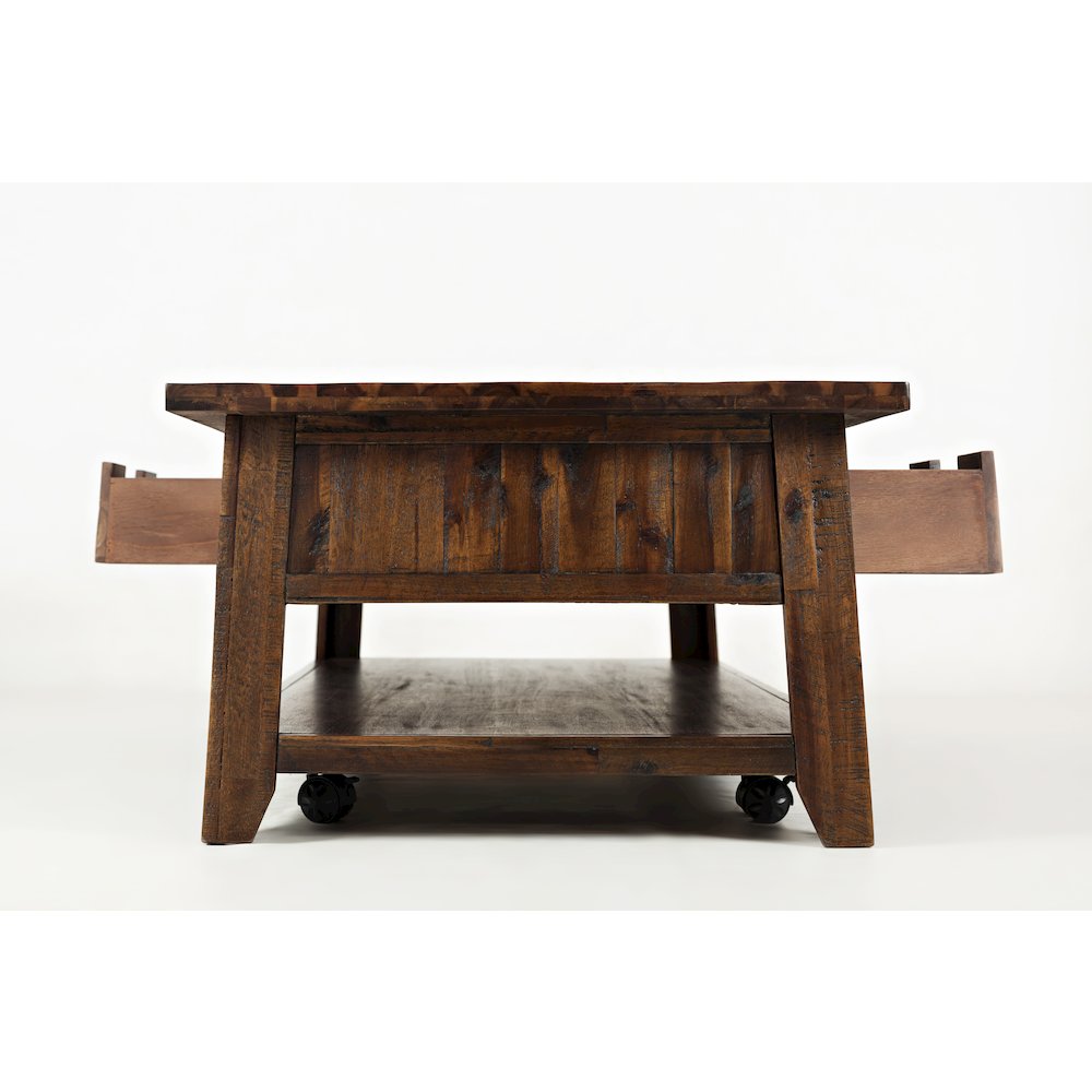 Rustic Solid Acacia 50" Coffee Table with Pull Through Drawers and Caster Wheels
