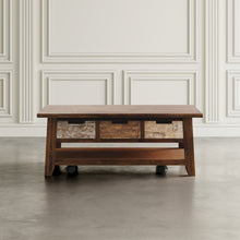 Rustic Solid Acacia 50" Coffee Table with Pull Through Drawers and Caster Wheels