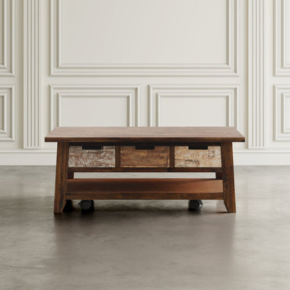Rustic Solid Acacia 50" Coffee Table with Pull Through Drawers and Caster Wheels