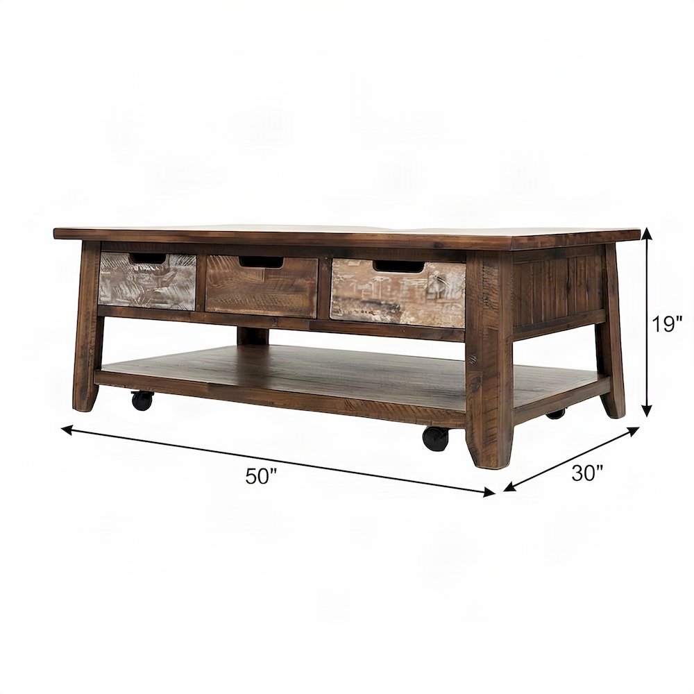 Acacia Coffee Table, Pull-Through Drawers and Wheels, Painted Canyon Finish