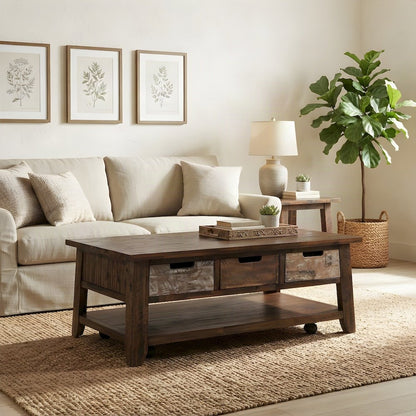 Acacia Coffee Table, Pull-Through Drawers and Wheels, Painted Canyon Finish