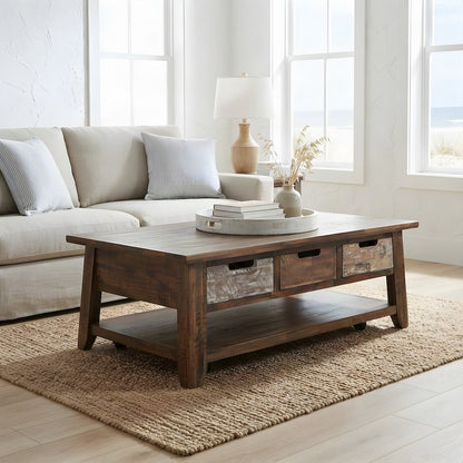 Acacia Coffee Table, Pull-Through Drawers and Wheels, Painted Canyon Finish