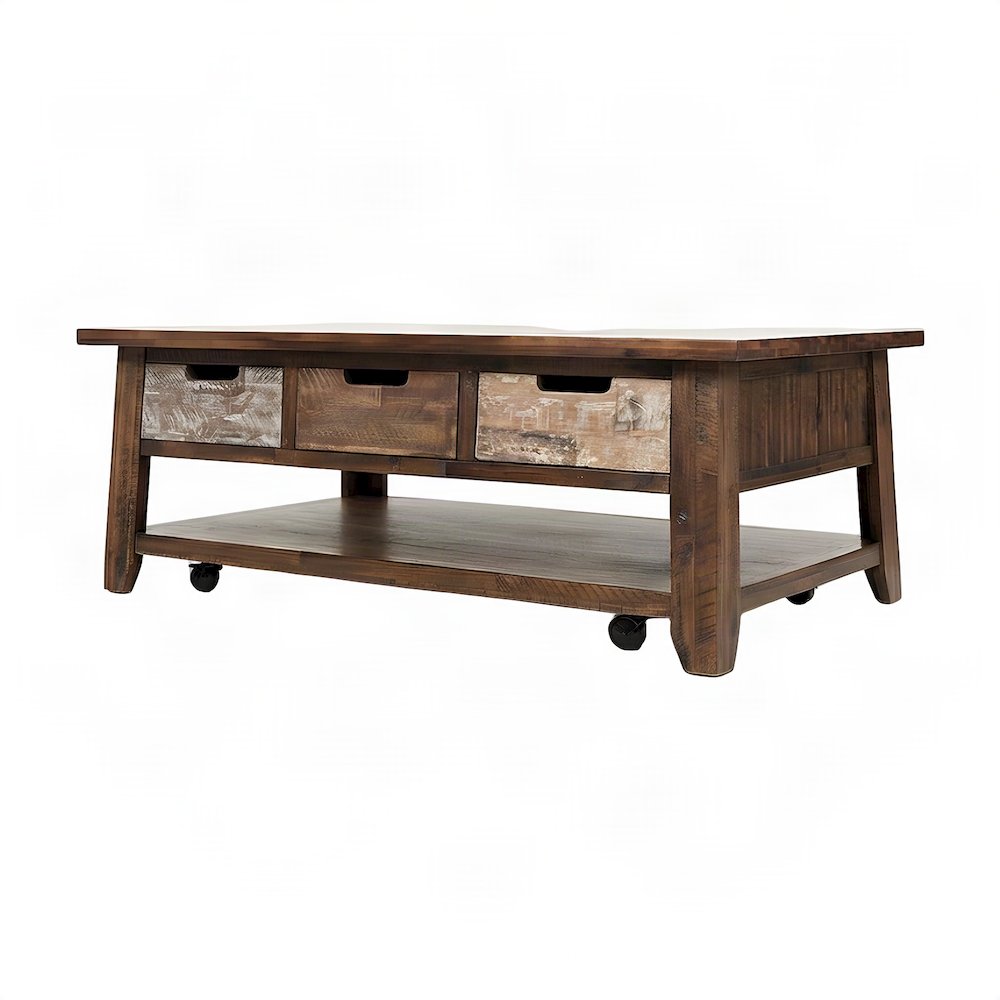 Acacia Coffee Table, Pull-Through Drawers and Wheels, Painted Canyon Finish