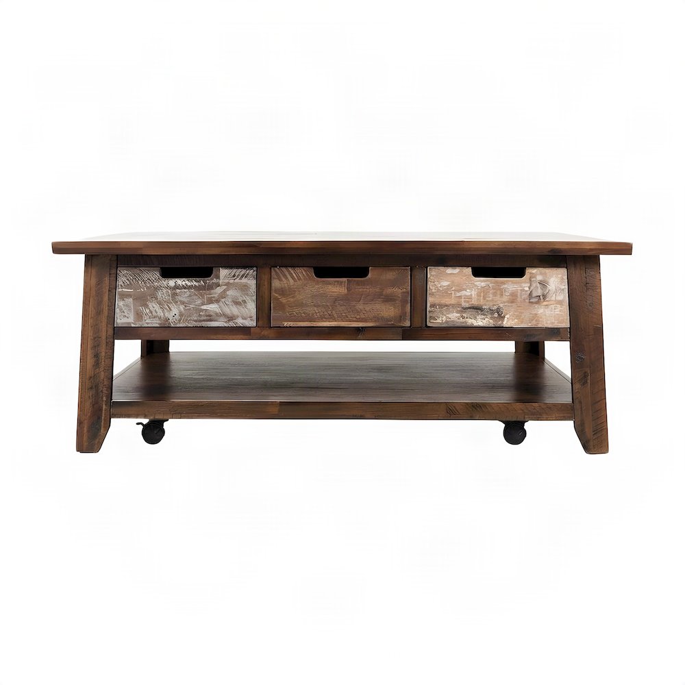 Acacia Coffee Table, Pull-Through Drawers and Wheels, Painted Canyon Finish