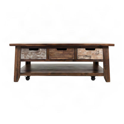 Acacia Coffee Table, Pull-Through Drawers and Wheels, Painted Canyon Finish