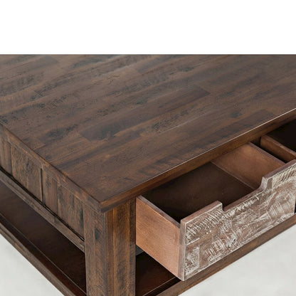 Acacia Coffee Table, Pull-Through Drawers and Wheels, Painted Canyon Finish