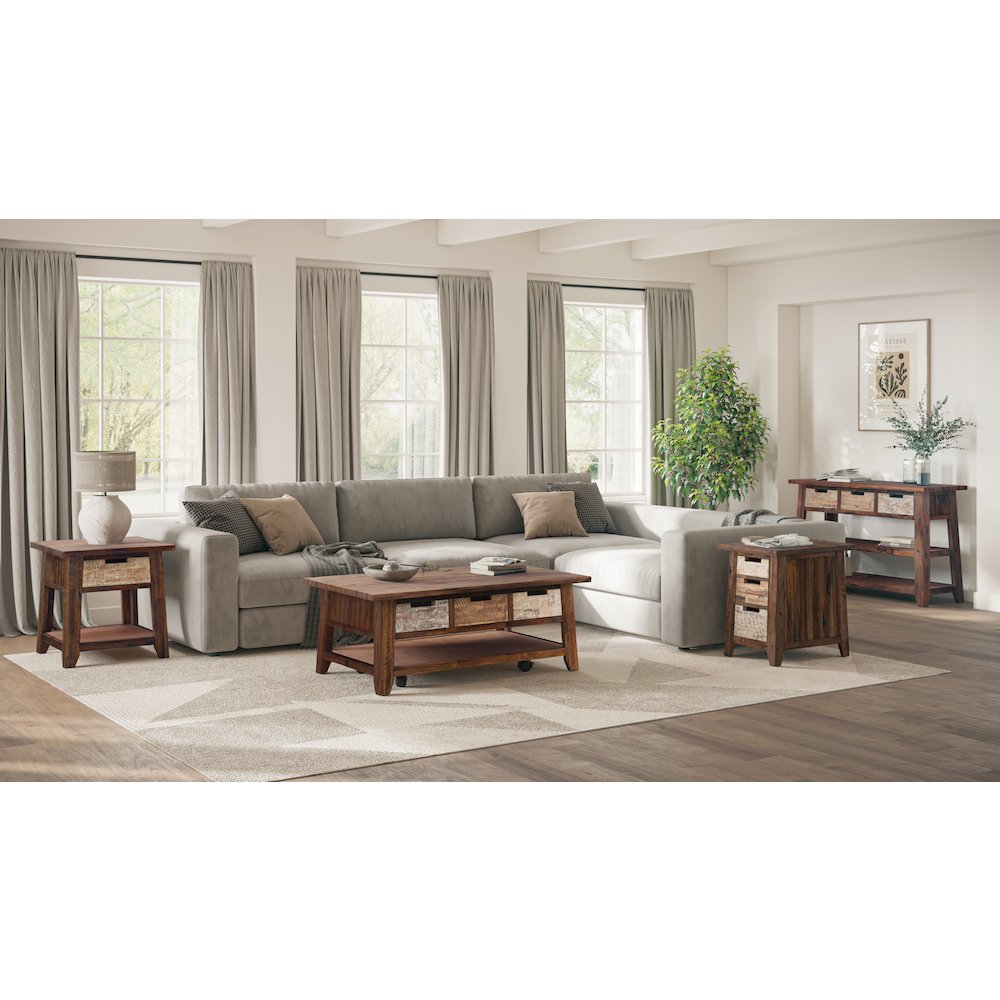 Rustic Solid Acacia 50" Coffee Table with Pull Through Drawers and Caster Wheels