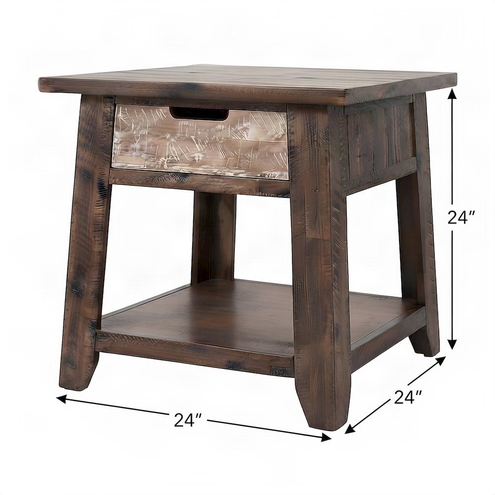 Acacia End Table with Drawer, Open Shelf, Rustic, Painted Canyon Finish