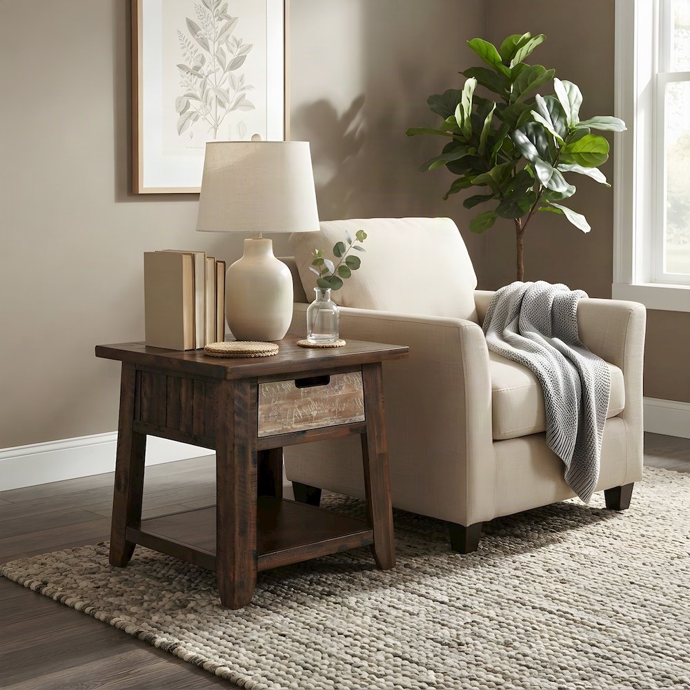 Acacia End Table with Drawer, Open Shelf, Rustic, Painted Canyon Finish