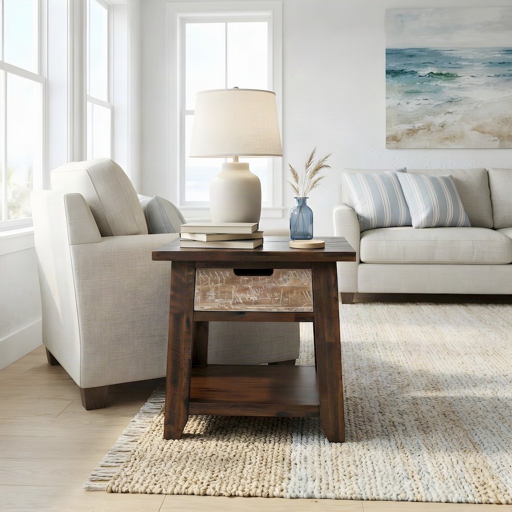 Acacia End Table with Drawer, Open Shelf, Rustic, Painted Canyon Finish
