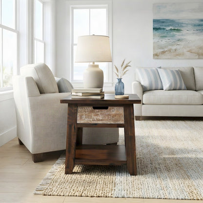 Acacia End Table with Drawer, Open Shelf, Rustic, Painted Canyon Finish