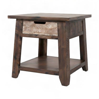 Acacia End Table with Drawer, Open Shelf, Rustic, Painted Canyon Finish