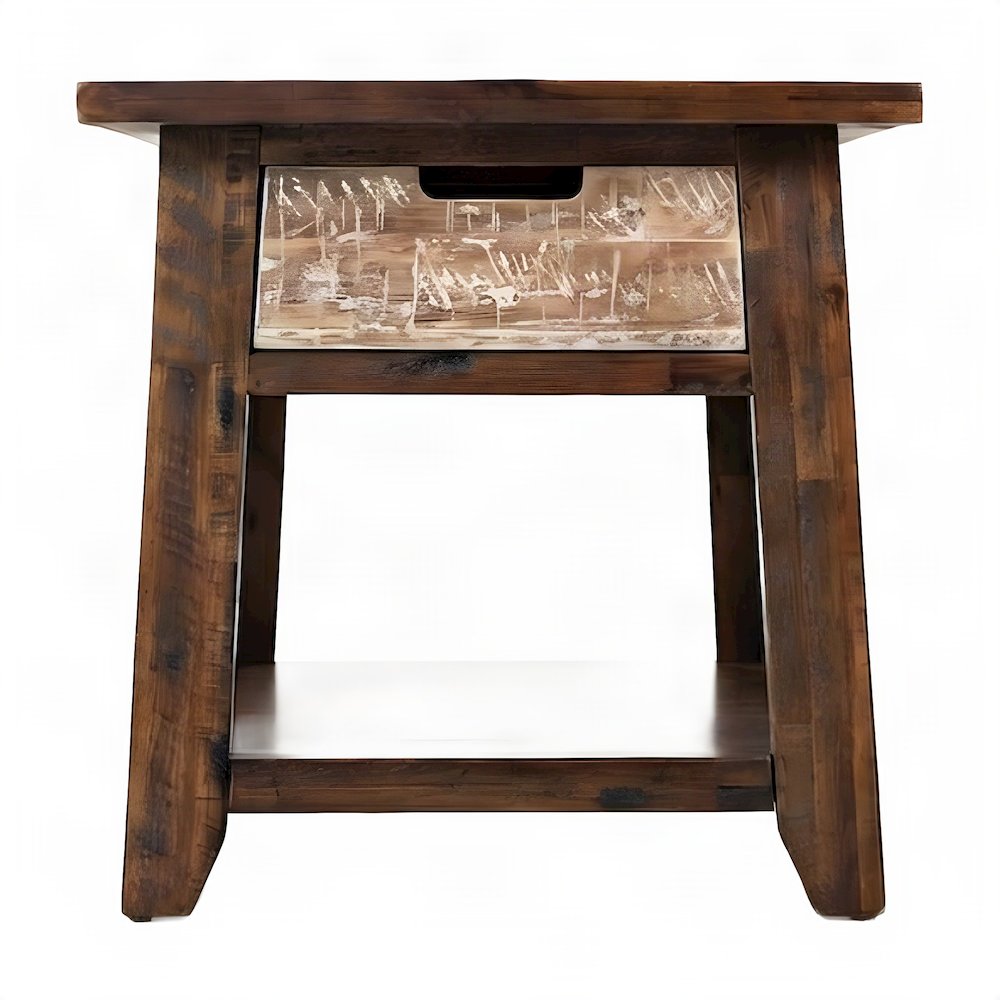 Acacia End Table with Drawer, Open Shelf, Rustic, Painted Canyon Finish