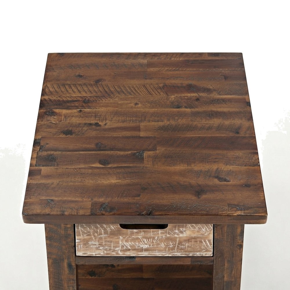 Acacia End Table with Drawer, Open Shelf, Rustic, Painted Canyon Finish