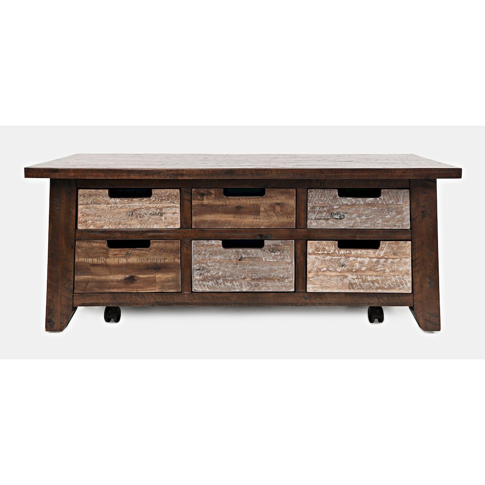 Rustic Solid Acacia Box Coffee Table with Pull-Through Drawers and Caster Wheels