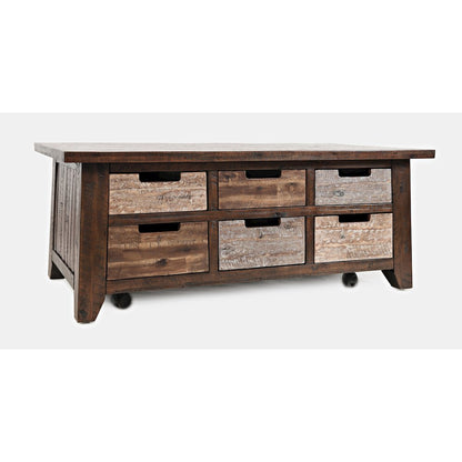 Rustic Solid Acacia Box Coffee Table with Pull-Through Drawers and Caster Wheels