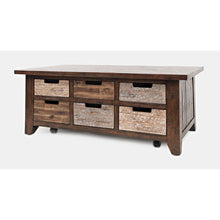 Rustic Solid Acacia Box Coffee Table with Pull-Through Drawers and Caster Wheels