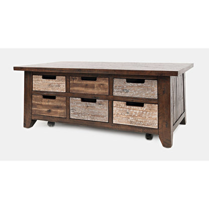 Rustic Solid Acacia Box Coffee Table with Pull-Through Drawers and Caster Wheels