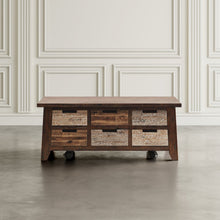 Rustic Solid Acacia Box Coffee Table with Pull-Through Drawers and Caster Wheels