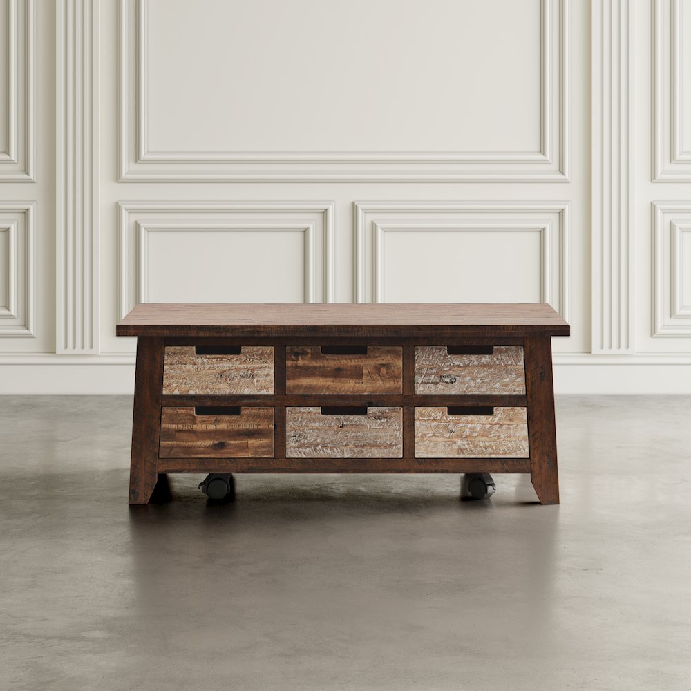 Rustic Solid Acacia Box Coffee Table with Pull-Through Drawers and Caster Wheels