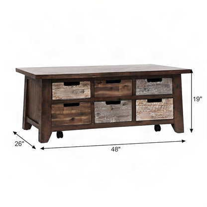 Rustic Acacia Storage Coffee Table with Drawers and Wheels, Distressed Brown