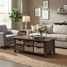 Rustic Acacia Storage Coffee Table with Drawers and Wheels, Distressed Brown