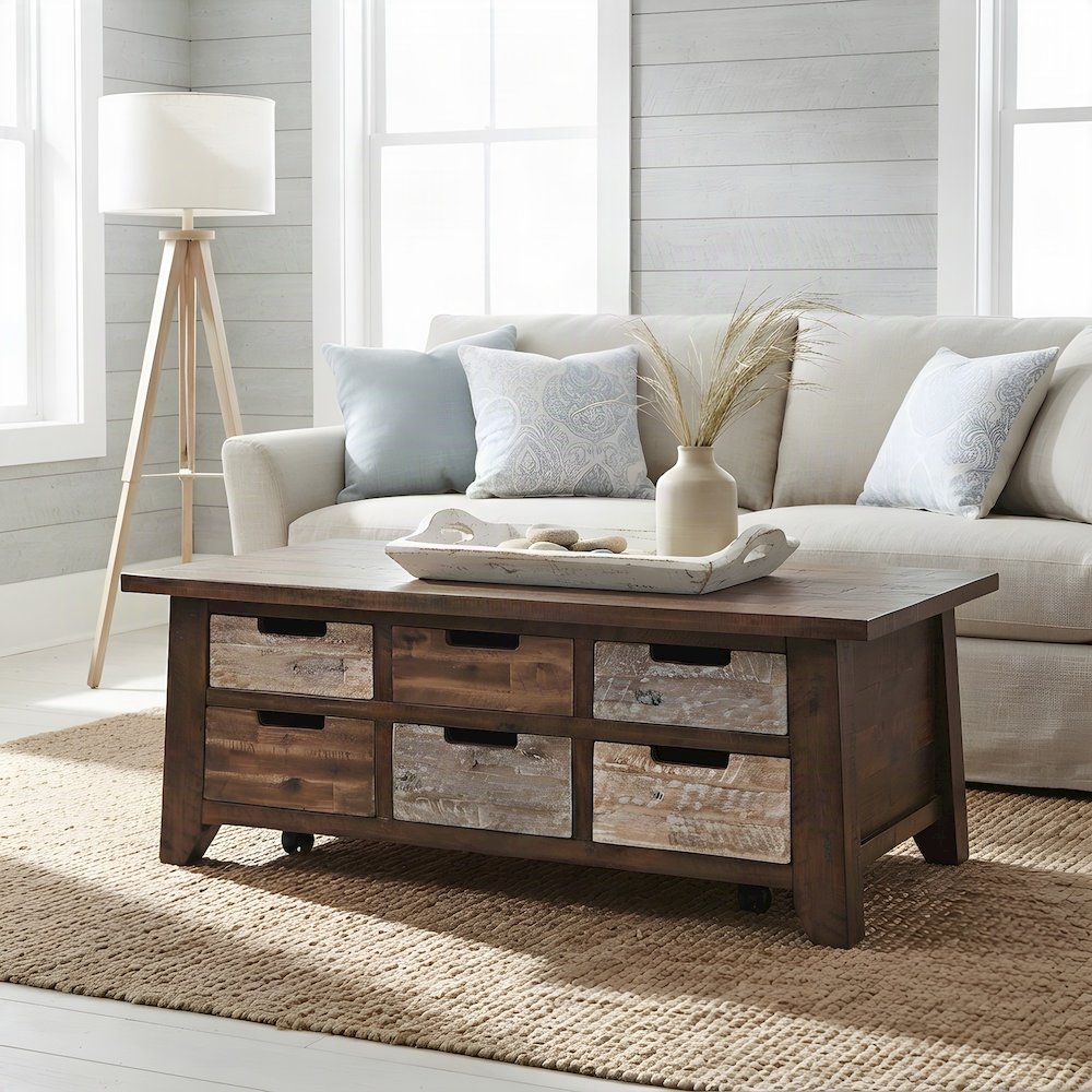 Rustic Acacia Storage Coffee Table with Drawers and Wheels, Distressed Brown