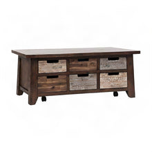 Rustic Acacia Storage Coffee Table with Drawers and Wheels, Distressed Brown
