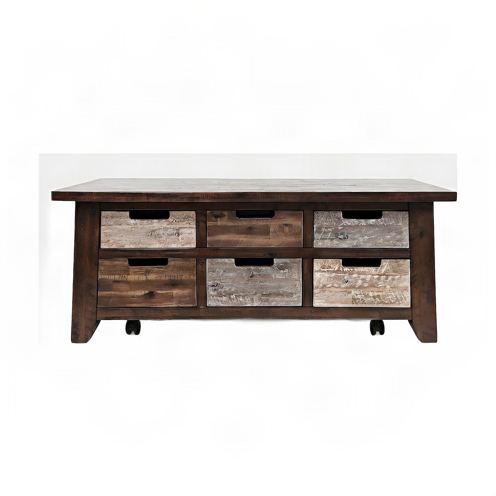Rustic Acacia Storage Coffee Table with Drawers and Wheels, Distressed Brown