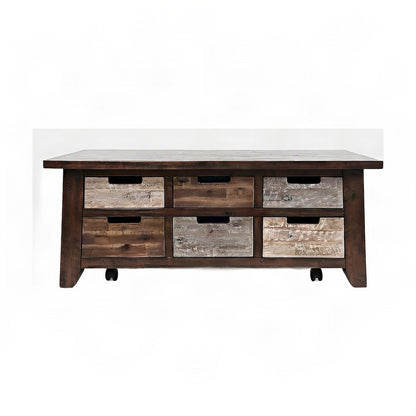 Rustic Acacia Storage Coffee Table with Drawers and Wheels, Distressed Brown