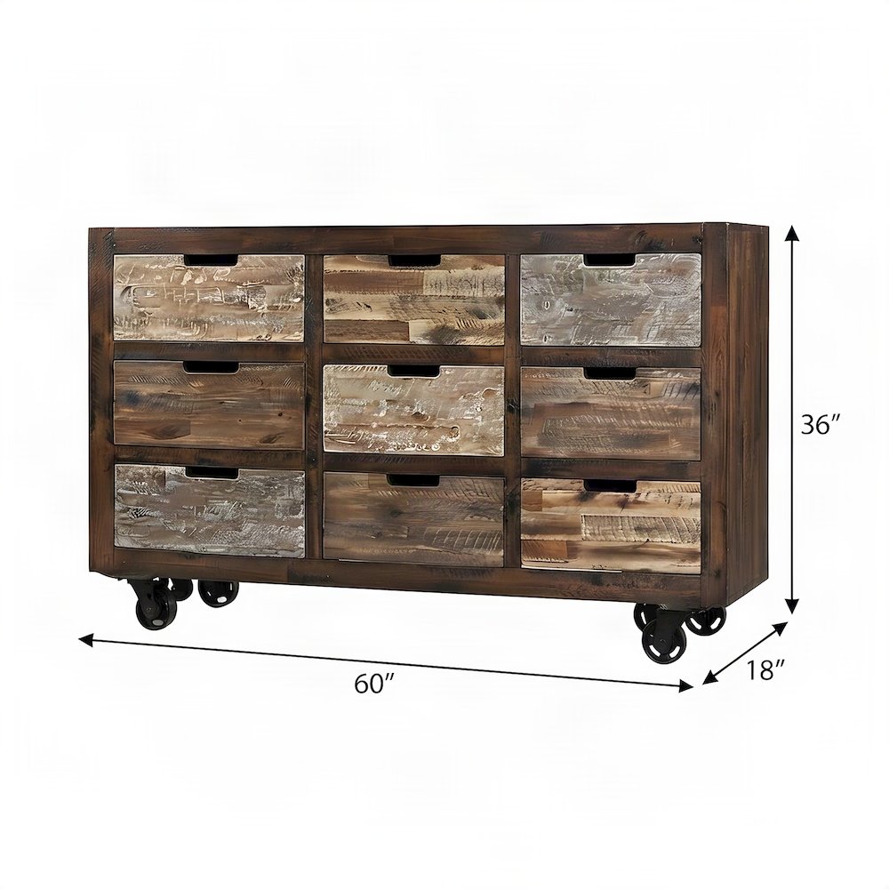 Acacia Veneer 9-Drawer Accent Chest with Wheels, Credenza, Distressed Brown