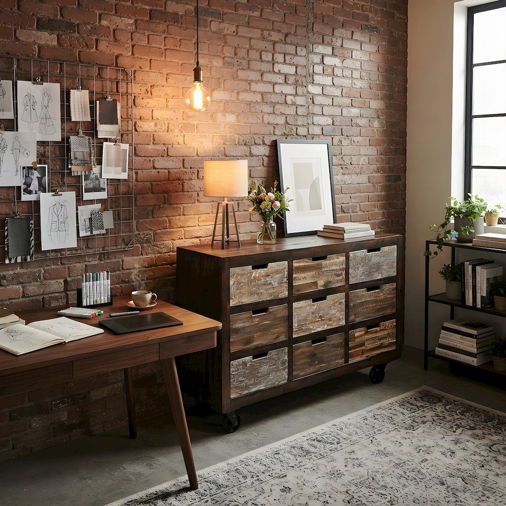 Acacia Veneer 9-Drawer Accent Chest with Wheels, Credenza, Distressed Brown