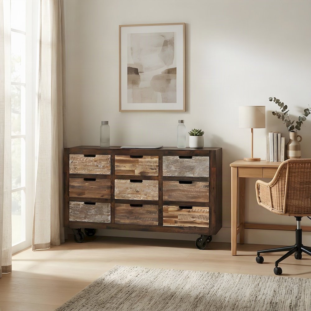 Acacia Veneer 9-Drawer Accent Chest with Wheels, Credenza, Distressed Brown